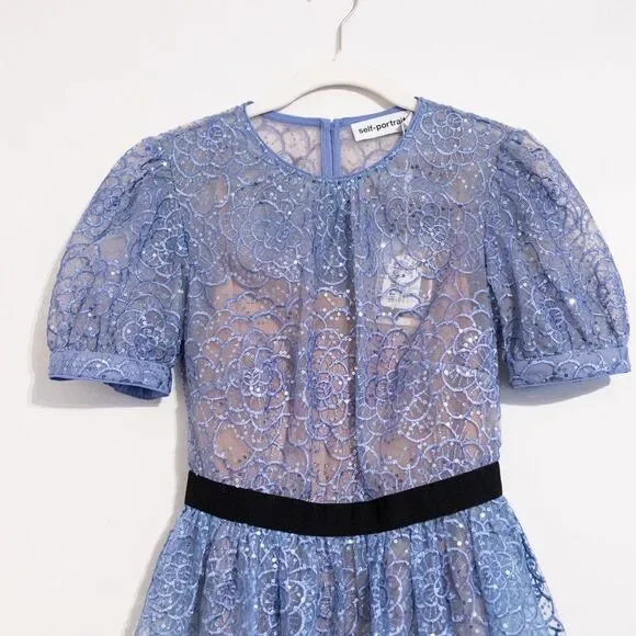 Self Portrait Holiday Party Dress Sequin Lace Mini Blue Ruffle Sparkle 4 NWT